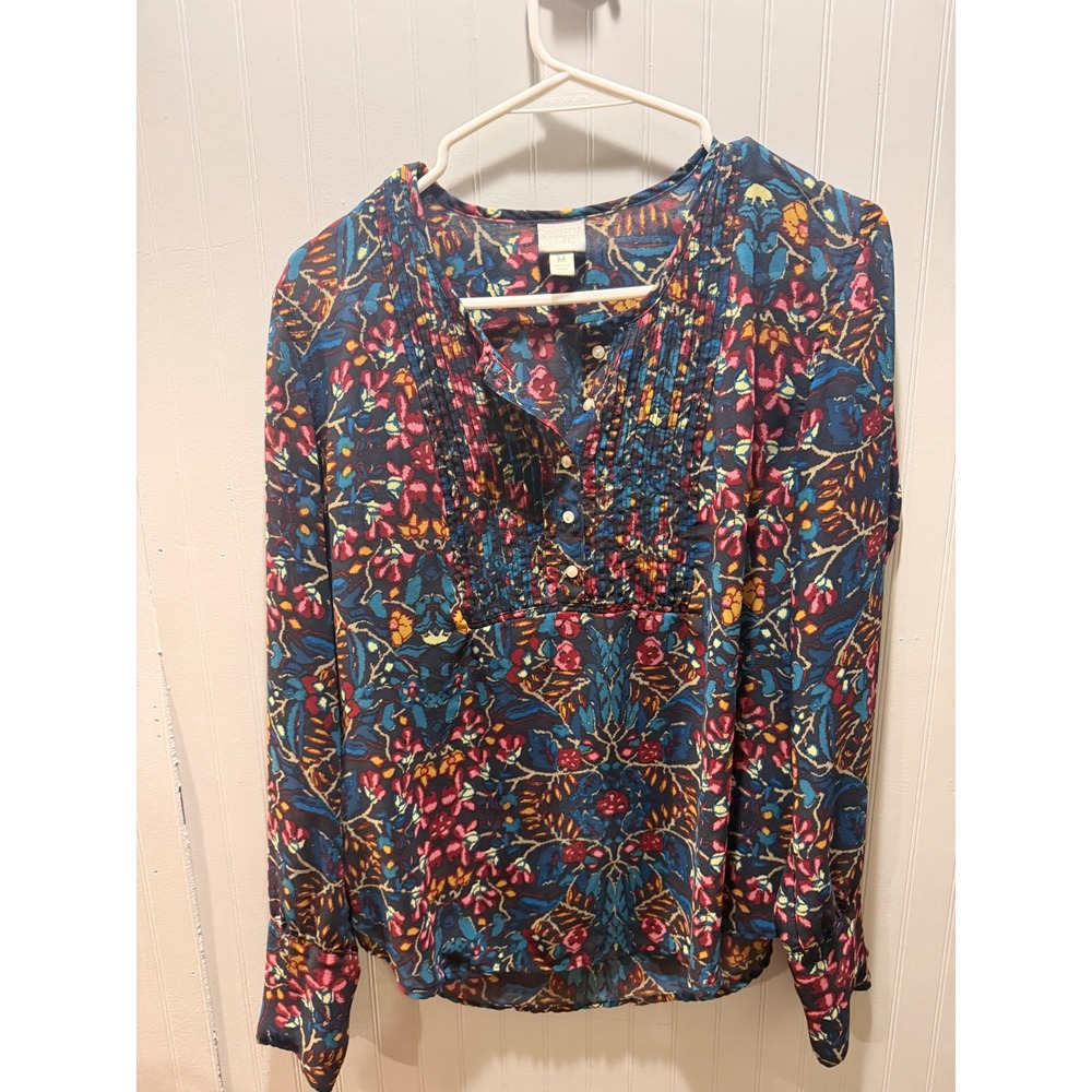 Converse‎ One Star Womens Floral Pintuck Pleated Long Sleeve Blouse Blue Pink M